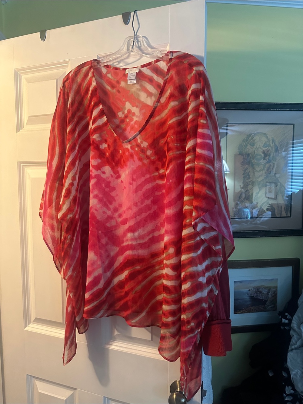 Chico's Red and Pink Tie-Dye Sheer Swim Cover-Up Tunic